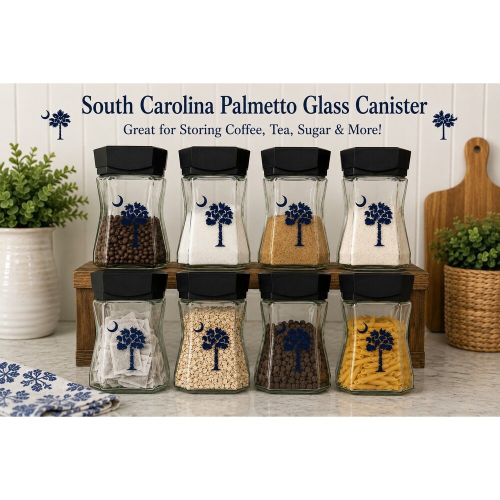VTG South Carolina Palmetto Tree & Crescent Glass Coffee Canister w/ Black Lid